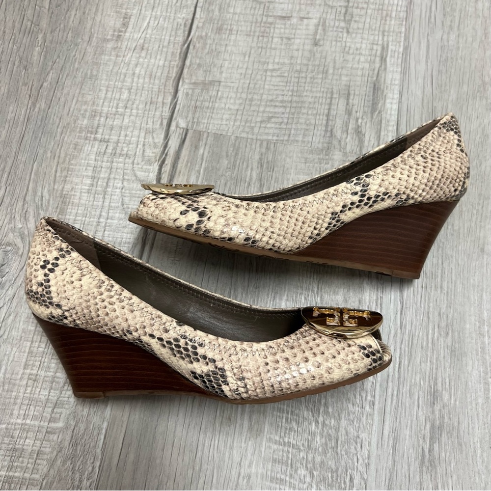 Tory Burch Python Embossed Leather Peep-Toe Wedge… - image 8